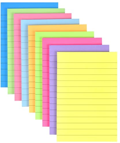 9 Pack Lined Sticky Notes 4x6 in Bright Colors Self-Stick Note Pads with Lines, 9 Colors Bulk Sticky Memo Pad for School, Office, Meeting