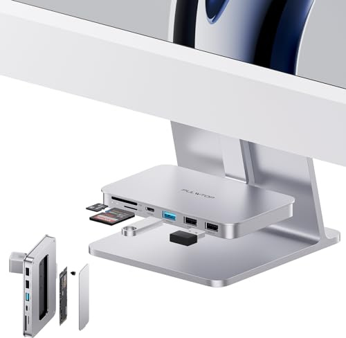 iMac Accessories for iMac24 inch 2021/2023/2024 with M.2 NVMe SSD Enclosure | PULWTOP iMac Hub Shelf USB C Hub USB A/C 10Gbps, SD/TF, iMac USB Adapter for iMac24 M1/M3/M4 or Studio Display 27“, Silver