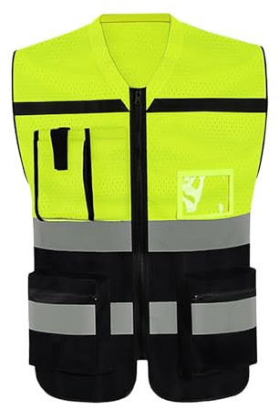 Generic Warnweste mit Reißverschluss, Arbeitskleidung zum Wandern, Radfahren, Spazierengehen, Gelb Schwarz XL