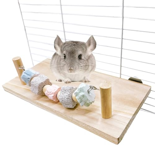 Hamiledyi Large Syrian Hamster Wood Ledge Platform with Lava Stone Block Chew Toys Chinchilla Cage Resting Wooden Shelf for Guinea Pig Rat Mouse