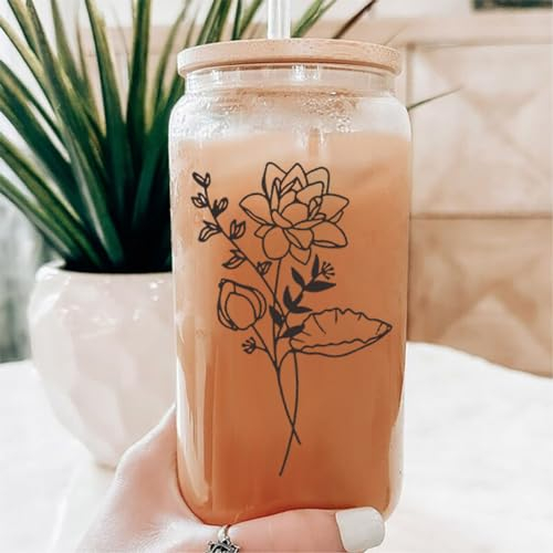 Drawelry Geburt Blumen Wassergläser mit Bambus Deckel und Stroh 450ml Hohe Trink Gläser Kaffee Milch Getränke Cocktail Bier Tee Glas Tasse für Frauen Freundin Mama Geburtstag Geschenk (Juli, T)