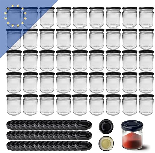 Verpackungsstadl 55 Stk. Einmachgläser 42ml mit TO43 schwarz – ideal für Marmelade, Honig, Gewürze, kleine Portionen – hochwertige Glasqualität, einfaches Verschließen, langlebig und wiederverwendbar