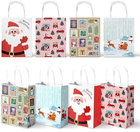 Papiertüten Weihnachten 24 Stück Weihnachtspapiertüten Papiertaschen Geschenktüten mit Henkel, Wiederverwendbare Kraftpapier Tüten