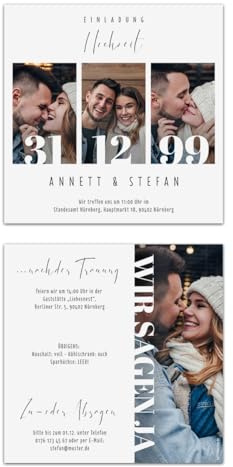 Kartenmachen.de Individuelle Foto Hochzeitseinladungen ab 10-100 Stück mit 4 eigenen Bildern und Text selbst gestalten Foto Meilenstein Motiv, 148x148mm, dickes 300g/qm Papier, Umschläge optional