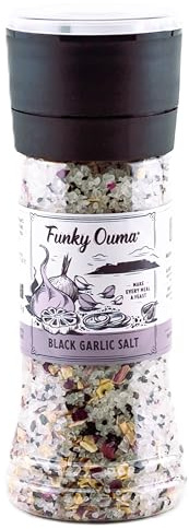 Funky Ouma Black Garlic Salt 310g | South African Seasoning and Rub | Sea salt and black garlic blend, all purpose BBQ and braai rub, garlic paste alternative, no MSG, gluten free