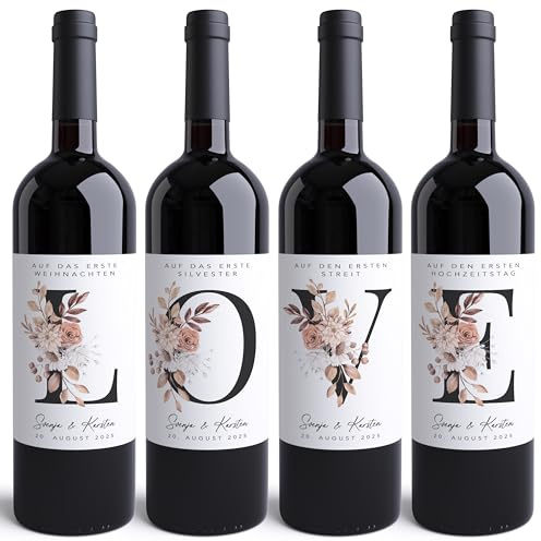 Hochzeitsgeschenk Brautpaar Meilenstein Weinetiketten personalisiert Flaschenetiketten Love Hochzeit Geschenk Wein selbstklebende Weinflaschenetiketten Set mit 4 Stk. | 10x12 cm