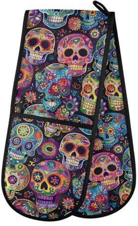 Double Oven Gloves Skulls Day Of The Dead Heat Resistant Pot Holder Oven Mitt Gloves for BBQ Cooking Baking Grilling Microwave