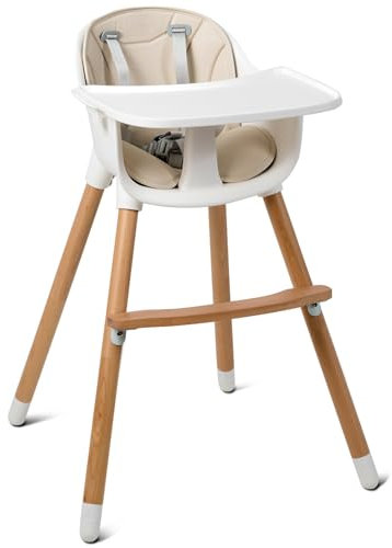 FANTASK 2-in-1 Babyhochstuhl, Kinderhochstuhl aus Holz, Treppenhochstuhl, Kombihochstuhl Baby, Holzhochstuhl Kinder mit vertellbare Ablage und Fußstütze, für Kleinkinder und Säuglinge