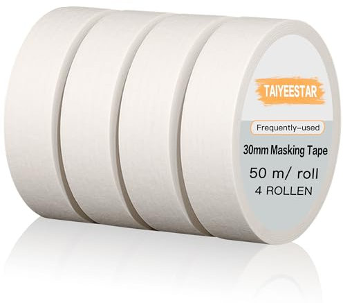 Taiyeestar 4 Rollen Malerkrepp, Profi-Klebeband, Kreppband Malerband, Abklebeband Maler, Malerklebeband, Abdeckband Malertape Klebeband Washi Tape Papiertape Selbstklebend (30 mm x 50 m)
