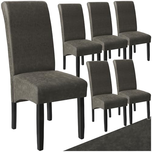 tectake® 6er Set Stühle, Kunstleder Stuhl mit hoher Rückenlehne, ergonomische Form, perfekt für den Esstisch, als Esszimmerstühle, Küchenstühle oder im Wohnzimmer - grau marmoriert