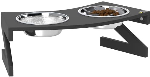 PawHut Gamelle Chien Surélevée avec Support pour Petit Moyen Chien Noir | Gamelle pour Chien, 2 Bols en Acier Inoxydable de 1L, Tapis d'Alimentation Lente, Surface Semi-Arrondie