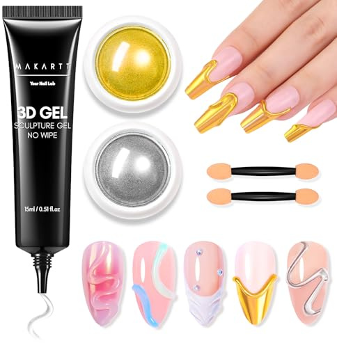 Makartt 3D Nail Gel with Chrome Powder Kit 15ml Clear for Manicure | Sculpting Gel with Chrome Powder for Mirror Effects, Ideal for DIY Nail Art & Home Manicure
