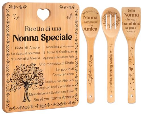 Regalo Nonna, Regalo Nonna Compleanno, Regalo Nonna Natale, Tagliere in Bambù con 3 Utensili da Cucina, Decorazione Ricetta Speciale.