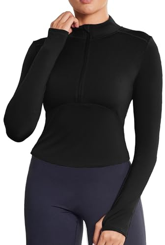 PINSPARK Maglietta Sportiva da Donna in Pile A Maniche Lunghe con Cerniera 1/4, Intima Termica, Slim Fit, Funzionale, Corsa, Top Allenamento per Yoga, Palestra