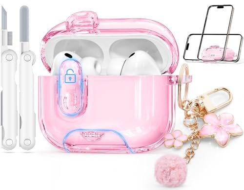 Clear Case for AirPods Pro 3 Case Cover with Safety Lock,Soft TPU Cover with Phone Stand & Cleaning Kit,Cute Bling Keychain for Women Girls-Clear Pink