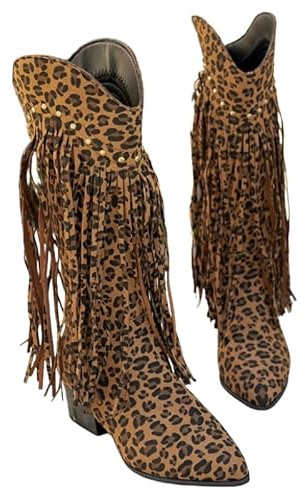 JXpxbao Damen Stiefel Retro Leoparden, Western Fransen Stiefel, Mode Frauen Halbhohe Cowgirl Cowboystiefel, Spitze Zehenpartie, Niedriger Absatz, Kniehohe Stiefel
