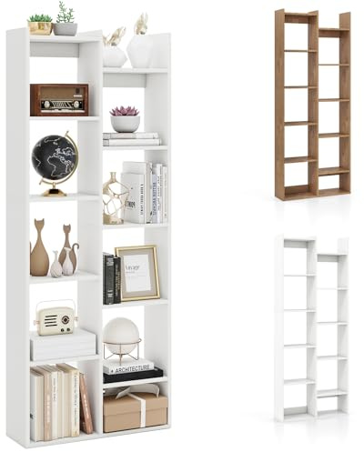HOMASIS Libreria da Parete a 6 Ripiani con 10 Scomparti e 2 Mensole, Libreria Verticale a Forma di Albero con 2 Dispositivi Anti-Ribaltamento, Scaffale per Soggiorno, 20 x 65 x 162 cm (Bianco)