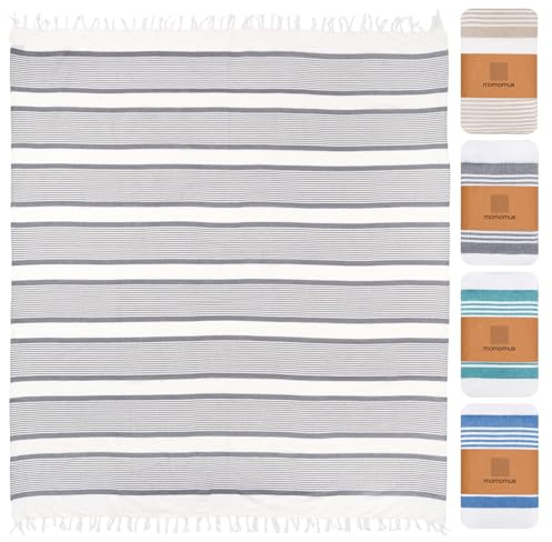 MOMOMUS Stuoia da Spiaggia Stile Fouta XXL o Telo da Picnic - Finitura Boho, Leggera e Versatile - Ideale come Coperta da Picnic o Telo Mare Grande Antisabbia - Grigio, 210 x 240cm