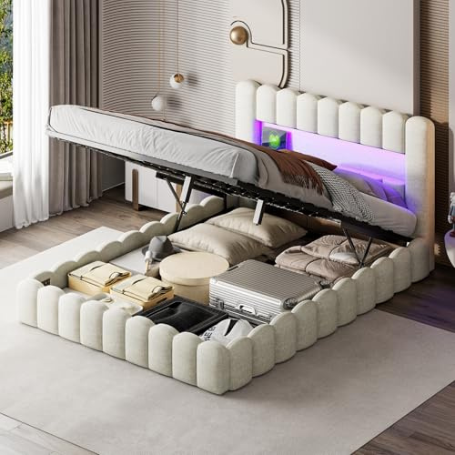 MGMYM Letto 140x200cm, Letto imbottito con contenitore, lettos matrimoniale con LED e USB, Idraulico Con Rete a Doghe e Telaio in Metallo, Bubble Lettos, antipolvere idraulico, Lino (Beige)