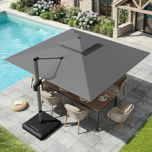 UDPATIO Sonnenschirm 300 x 300 cm Rechteckig mit Ständer, Ampelschirm Groß Aluminium, Marktschirm - Doppeldach, Gartenschirm 360° mit Kurbel, Balkonschirm, Sonnenschutz UV50+, Grau Wasserdicht