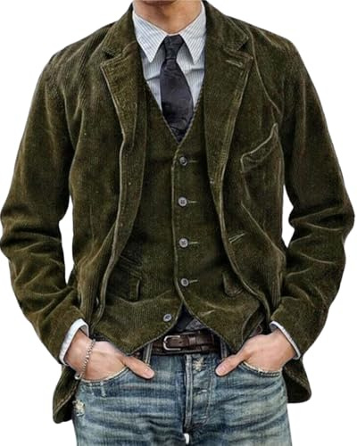 Men's Vintage Corduroy Jacket Casual Notched Lapel Business Dinner Suit Blazer Jacket Sport Coat(Green01, XL)