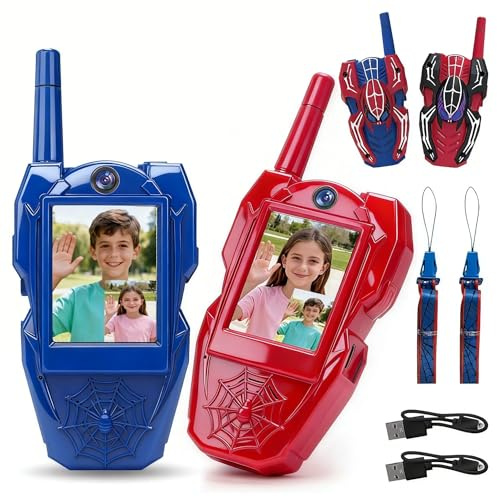 Video Walkie Talkies for Kids 2 Pack with Voice Changer, HD Camera, Rechargeable, 1000 FT Range 2 Way Radio Toys, Indoor Outdoor Camping Hiking Birthday Gift Boys Girls Ages 3-12 (Spider)