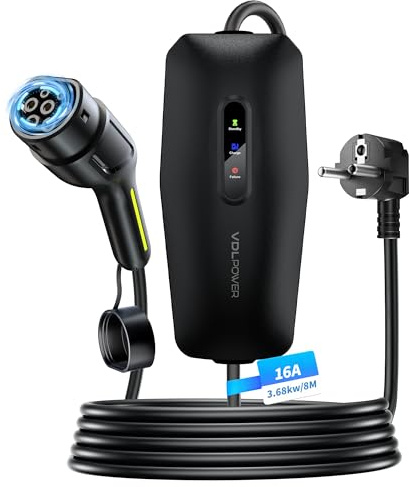Ladekabel Typ 2, 3.68KW 8M Ladekabel Elektroauto, 16A EV Ladegerät, Typ 2 für Elektrofahrzeuge mit Einphasigem EU-Schuko, IP65 Kompatibel mit Model Y/3, XC60, ID.3, ID.4 (8, Meter)