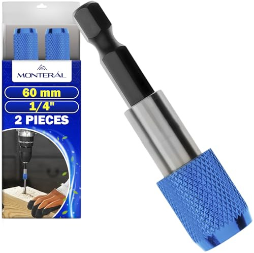 2 Portainserti Magnetico 1/4 x 60mm con Bloccante in Alluminio per Inserti | Porta Inserti Universale per Trapano e Avvitatore - Realizzato in Acciaio al Cromo Vanadio - MONTERAL