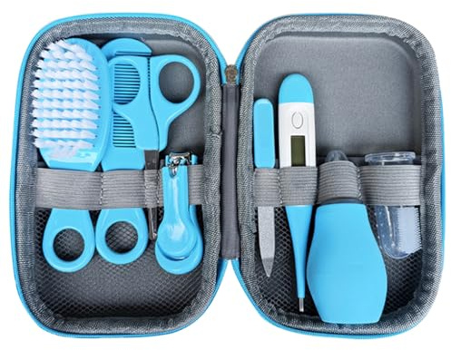 Baby Grooming kit, 8 st säker nagelvård hårtermometer set nyfödda nödvändigheter med fodral, blå
