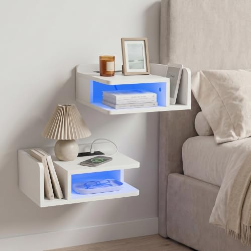 Afuly White Floating Bedside Table Set of 2 with Charging Station&LED Light