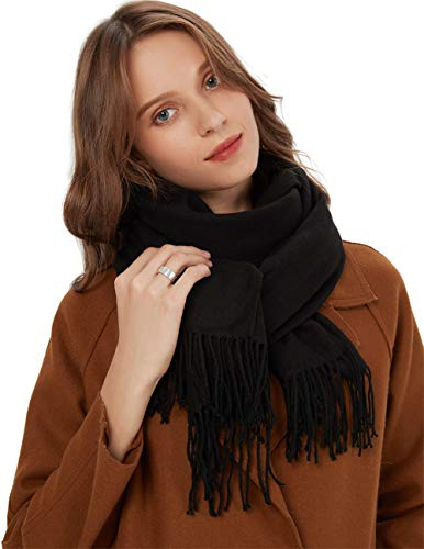 MaaMgic Schal Damen Warm Winter Herbst unifarben Baumwolle mit quasten/fransen, 20+ Farben Einfarbig & Kariert Pashmina Stola Schals MEHRWEG,Black Schwarz