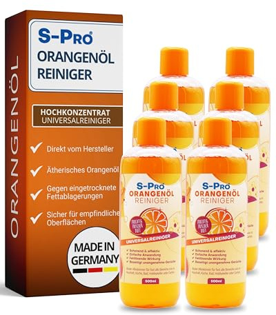 S-Pro - Orangenölreiniger fettlöser Konzentrat 6x500ml Flasche - Schonender Orangenreiniger hochkonzentriert mit frischem Orangenduft - Allzweckreiniger Reinigungsmittel für Haushalt, Küche & Bad
