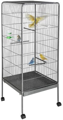 tectake® Pajarera con Ruedas Bloqueables y Bandeja Extraíble, Jaula Pajaros para Loro, Canario, Ninfas y Periquitos, Incluye Comedero, Bebedero y Rejilla Inferior Segura - 54 x 54 x 146 cm