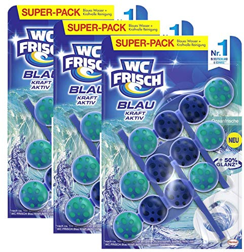 WC FRISCH Kraft Aktiv Blauspüler Ozeanfrische, WC-Reiniger, 3er Pack (3 x 150 g) Farbspüler mit 50 Prozent mehr Glanz