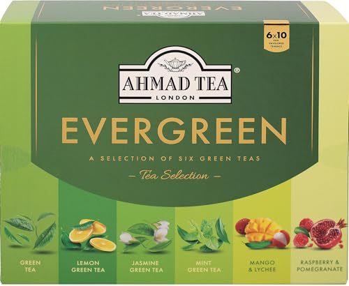 Ahmad Tea Evergreen - Surtido de 6 tés verdes - menta, limón, mango y lichi, frambuesa y granada, jazmín y puro - 60 bolsitas de té selladas con aroma y envasadas individualmente