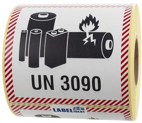 Labelident Lithium-Metall-Batterien Transportaufkleber UN 3090, 100 x 100 mm, 500 Etiketten aus Papier auf Rolle, Gefahrgutaufkleber für Versand