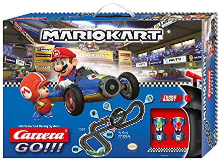 Carrera GO 20062492UK Mario Kart Mach 8 - GO Slot Racing Track With UK Plug, For Children From 6 Years And Adults,1:43 Scale, 5.3 Metres, With Mario Kart Mach 8 - Mario & Mach 8 - Luigi