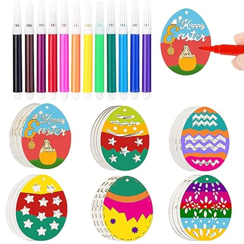 HERZWILD 42pcs DIY Basteln zum Bemalen,30pcs Ostern Holzanhänger Ostern Deko,mit 12 Aquarellstift, Holz Anhänger Osterbasteln für Ostereier Osterhase.