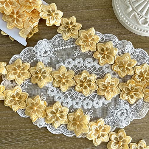 Zarte gelbe 3D Blumen,Spitzenbesatz, exquisite bestickte Applikation für DIY Nähen Handwerk, Hochzeits-Brautkleid-Verzierung (2yards, Breite 40 mm)
