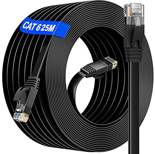 Ethernet Cable 25m Cat 6, Long Ethernet Internet Cable 25m High Speed 10/100/1000Mbps Gigabit Flat Lan Network Cable Cat 6 Outdoor Indoor for PS5 PC Switch Router Xbox Modem Home Office Network Black