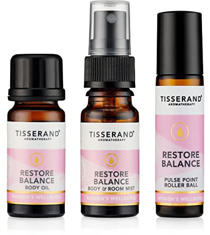 Tisserand Aromatherapy - Restore Balance Discovery Kit - Roller Ball, Body Oil & Mist - Perimenopause, Menopause & Menstruation Support Women - Rose, Clary Sage & Geranium - Natural Essential Oils