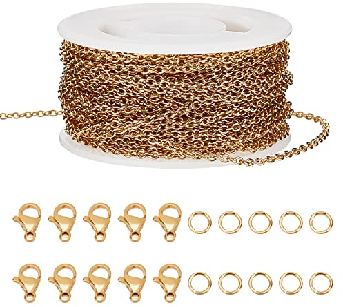 Beebeecraft 10M Halskettenketten 18K Vergoldet Edelstahl Schmuckherstellungsketten für Halsketten Metallkettenhalskette mit Biegeringen und 24K Vergoldet Edelstahl Karabinerverschlüssen