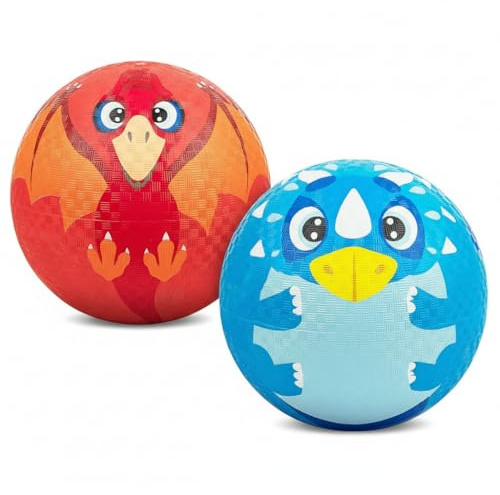 Homotte 2Pcs Dinosaur Rubber Balls for Playground, 8.5 Inch Kickballs Dodge Balls for Kids Age 4-8, 8-12 with Pump and Drawstring Bags(Blue Triceratops+Red Pterosaur)