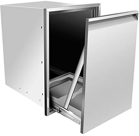 KODOM Built-in Double Trash Drawer 20 W x 27 H x 24 D Pull-Out Tray Outdoor Kitchen Stainless Steel Trash Bin Storage for BBQ Island Grill Station