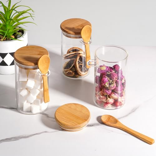 Winter Shore Glass Jars with Bamboo Lids and Spoons [3 Pack] - 500ml Kitchen Food Storage Containers for Pantry Storage - Sugar Jar, Coffee Canister, Flour Container & Cookie Jar with Airtight Lid