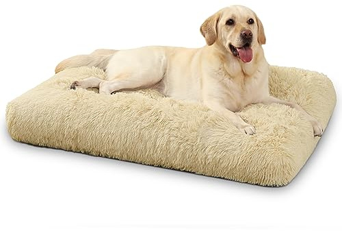 KSIIA Hundbädd Stora Hundar Tvättbar, Plysch Hundkudde Fluffig, 90x60cm, Halkfri Undersida, Hundmatta för Stora, Medelstora Hundar, Hundkorg Hundmadrass Husdjurssäng Beige