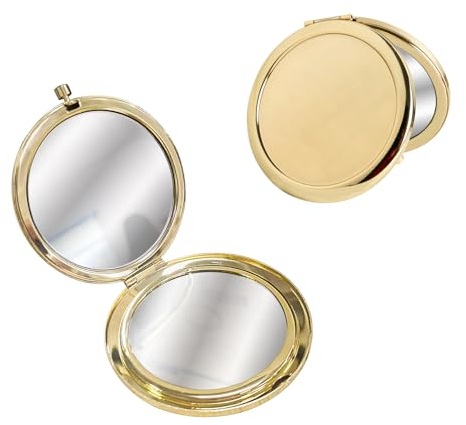 LuckyOpt Metallischer Taschenspiegel, Doppelseitig mit 1x/2-facher Vergrößerung, Unverzerrt, Runde Form, Gold, 7 cm