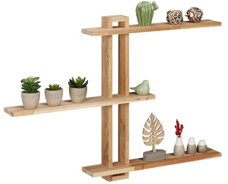 Relaxdays Wandregal, Walnussholz, H x B x T: 56 x 80 x 9 cm, Dekoregal Wand, rustikales Schweberegal mit 3 Ebenen, Natur