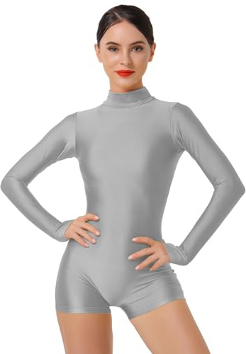 IBAKOM Women Turtleneck Bodysuit Long Sleeve Ballet Dance Leotard Athlete High Neck Gymnastics Leotards Boyshort Bottom Adult Rave Party Disco Dance Stretchy Romper Christmas Costume Gray XS