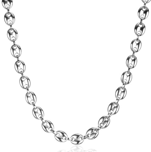 LOCCY Cadena para Hombre, Cadena de Granos de café de Acero Inoxidable de 6/7/9/11mm de Ancho, Collar de Hip Hop para Hombres y niños, Longitud 46-66cm, Plata (Plata-9mm, Centímetros, 51.00)